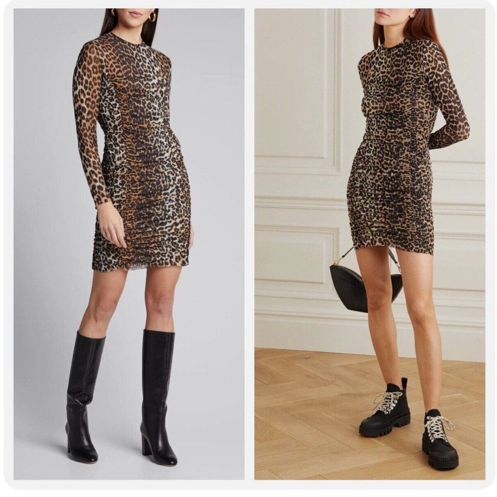 NWT Ganni Long Sleeve Leopard Ruched Mini Bodycon Dress Brown size 36